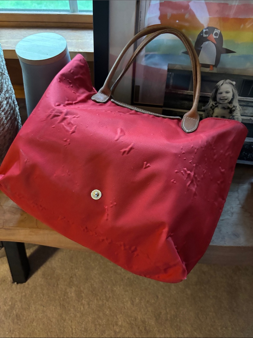Red Longchamp Nylon Tote Bag with Brown Leather Trim - Picture 6 of 13
